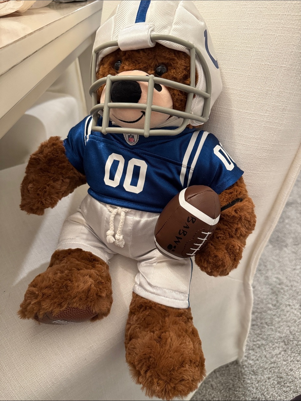 Build-A-Bear Brown Teddy in Colts Blue Football Jersey and White Pants